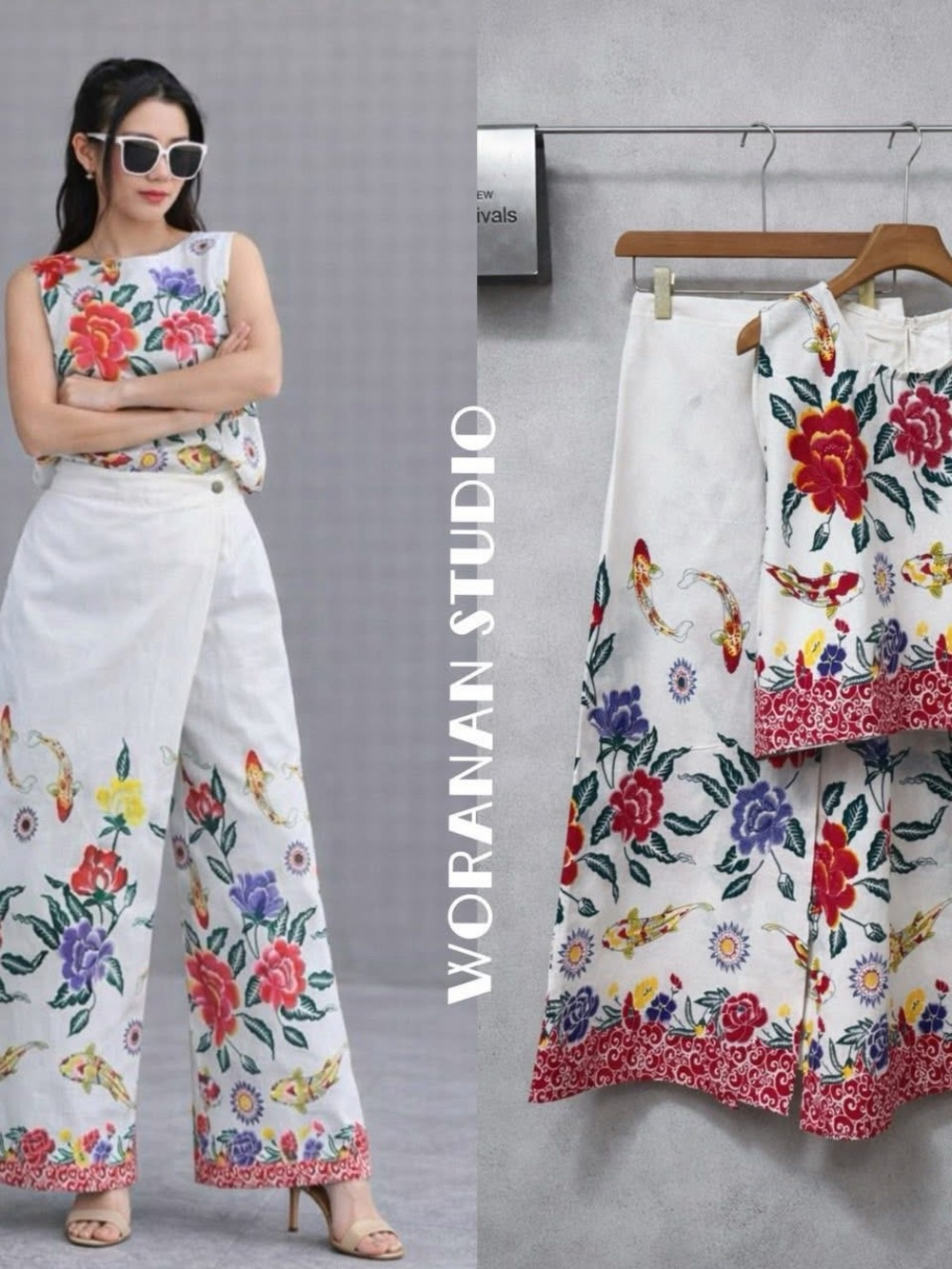 White Floral Wide-Leg Pants with Multicolor Embroidery